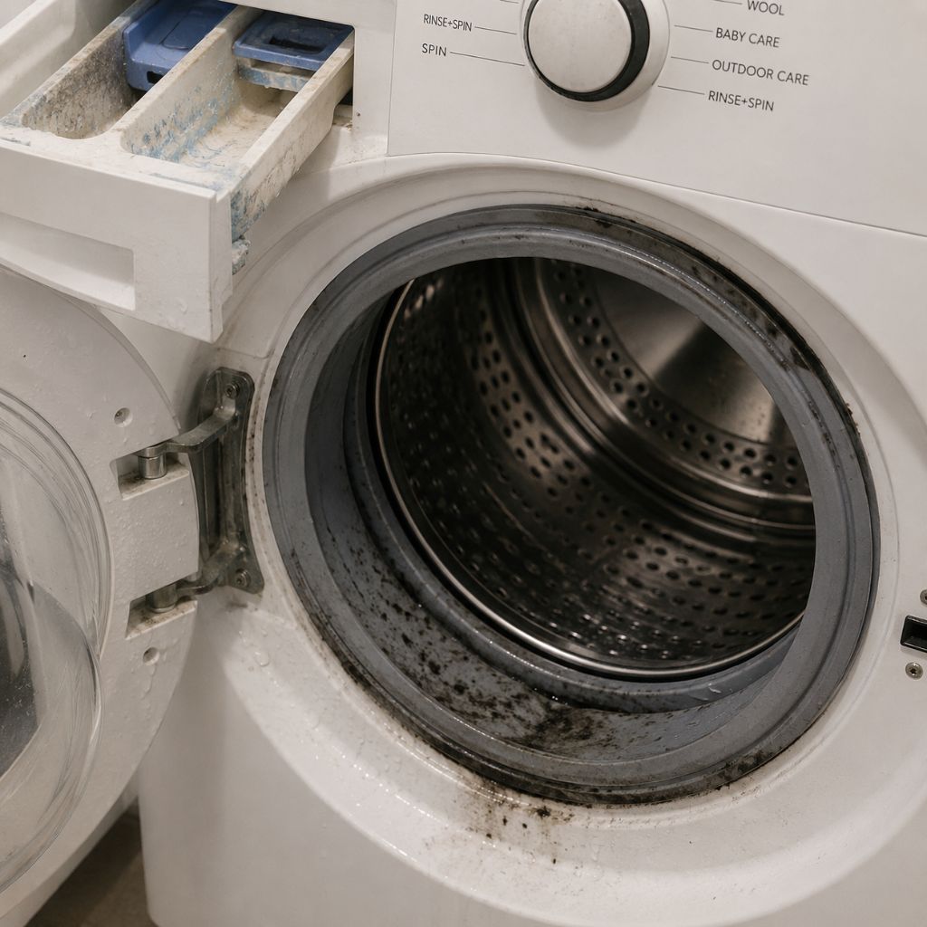 Machine à laver blanche avec humidité et traces noires autour du joint