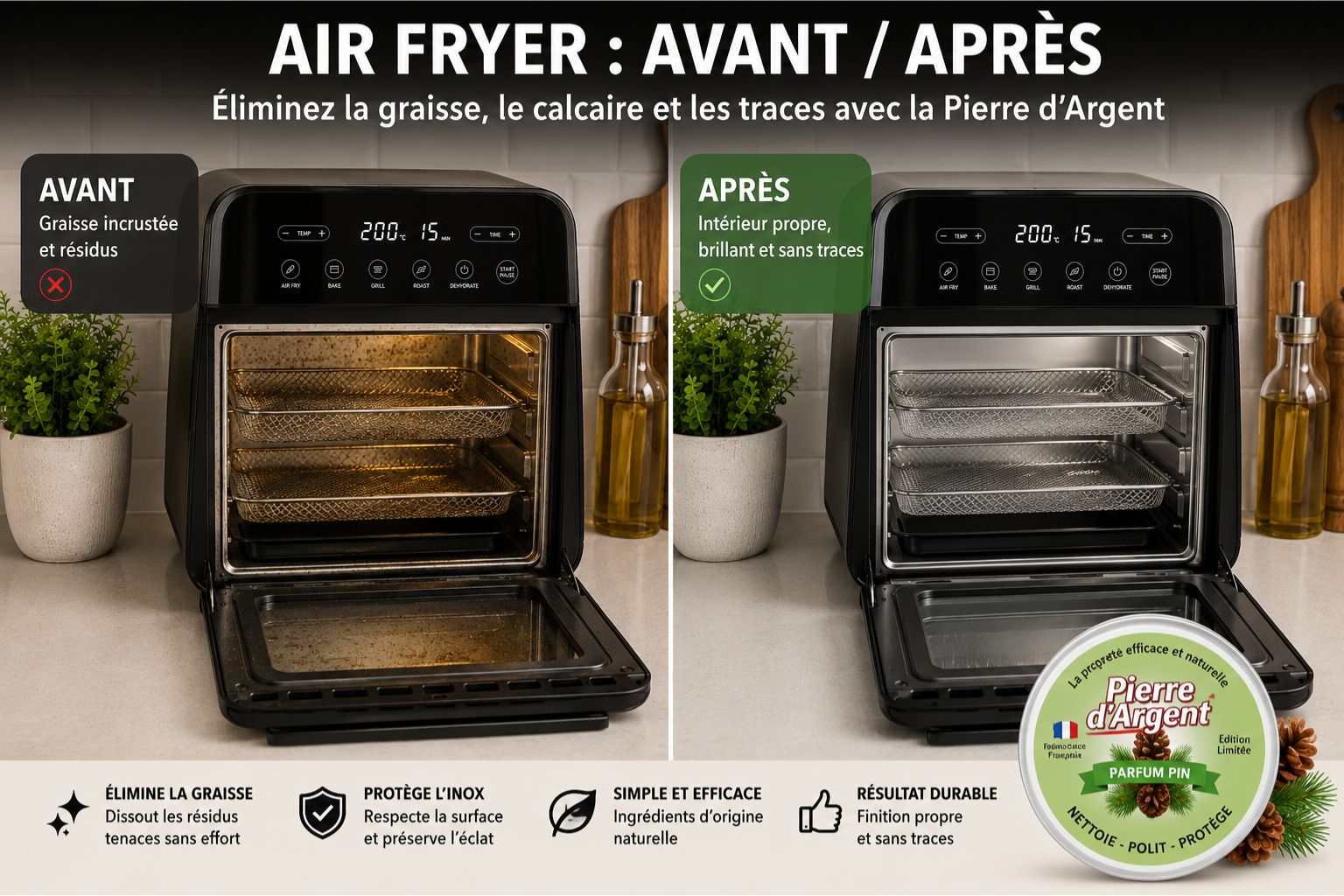 Avant après nettoyage d’un air fryer avec la Pierre d’Argent