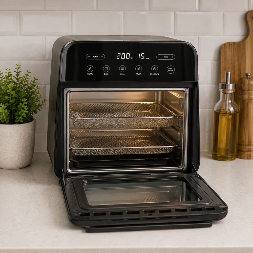 Air fryer noir avec porte ouverte et grilles visibles dans une cuisine moderne