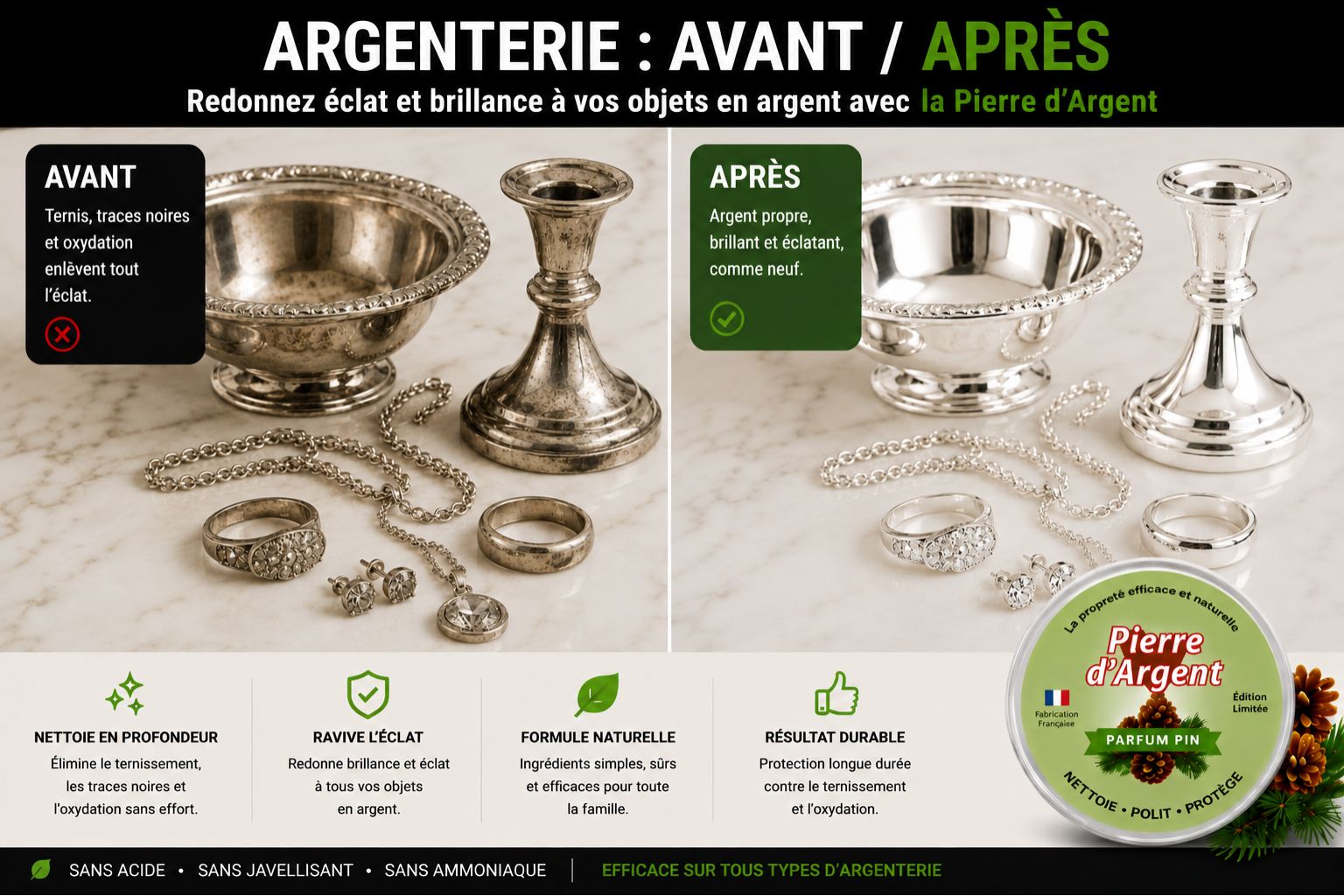 Avant après nettoyage de bijoux et d’argenterie avec la Pierre d’Argent