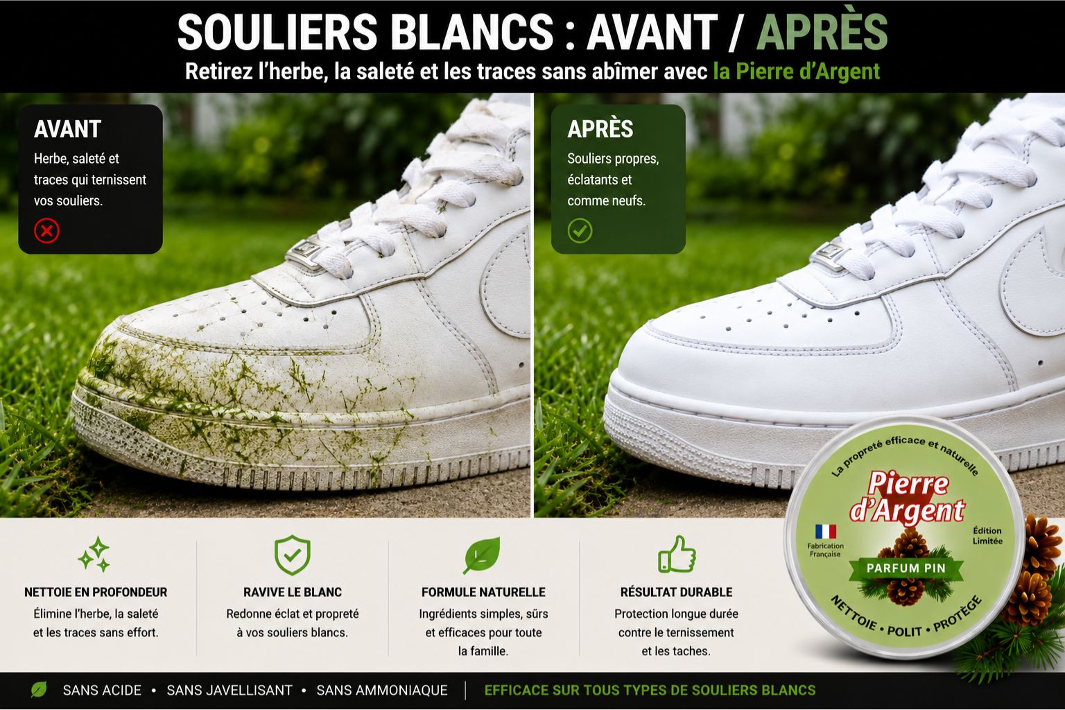 Avant après nettoyage d’espadrilles blanches avec la Pierre d’Argent