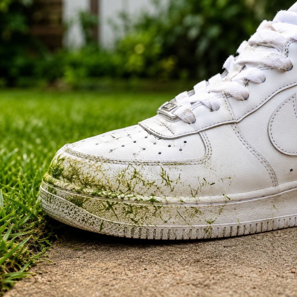 Chaussure de basket blanche tachée de gazon vert sur le côté et la semelle