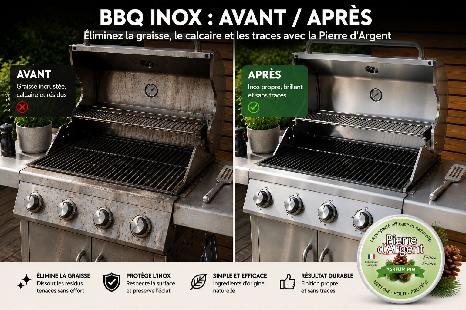 Avant après nettoyage d’un BBQ en inox avec la Pierre d’Argent