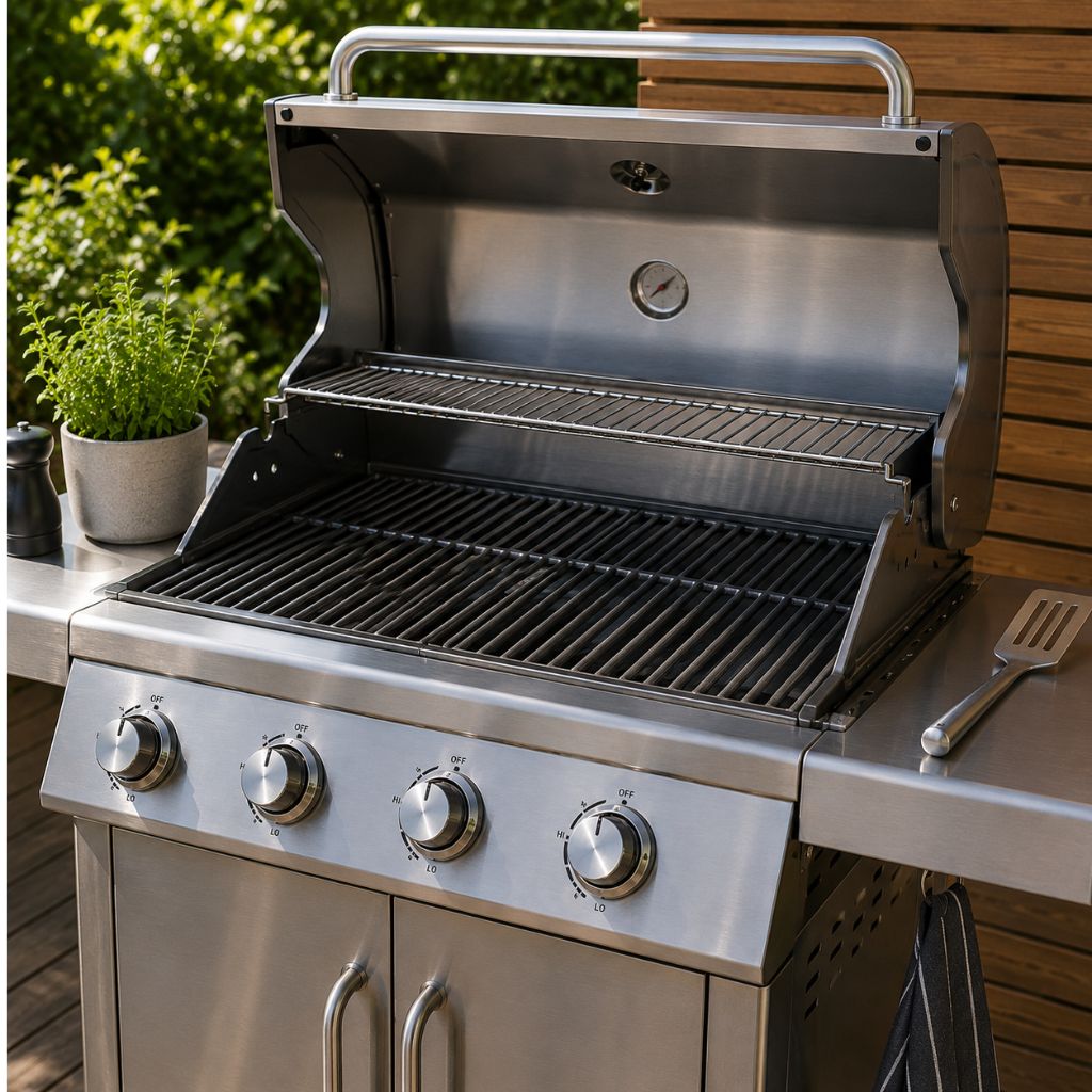BBQ en inox ouvert avec grilles propres sur une terrasse extérieure