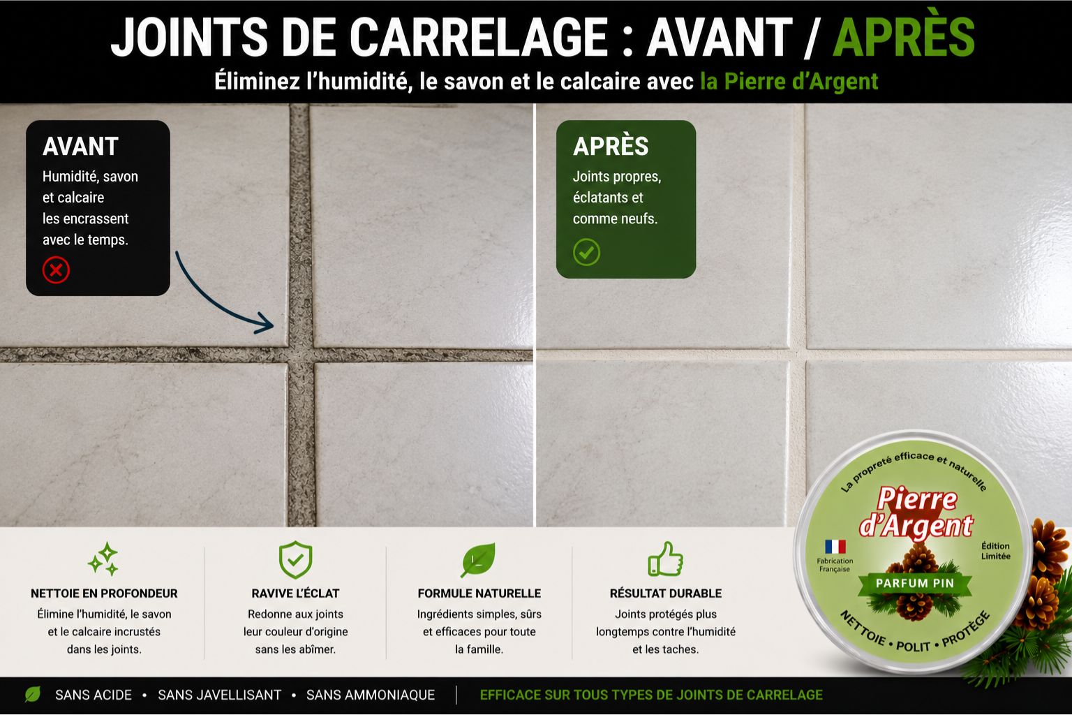 Avant après nettoyage de joints de céramique avec la Pierre d’Argent