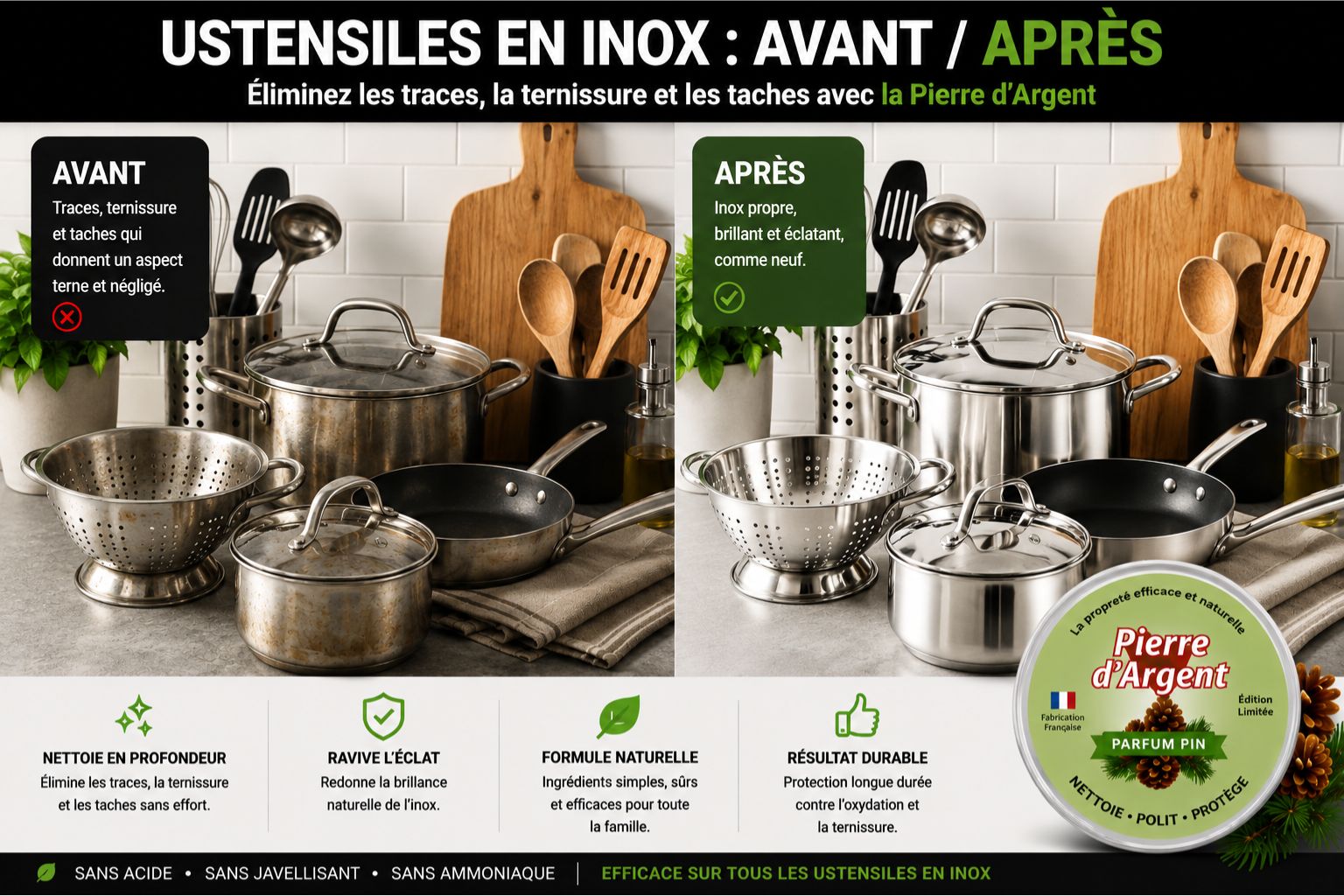 Avant après nettoyage de casseroles et ustensiles de cuisine en inox avec la Pierre d’Argent