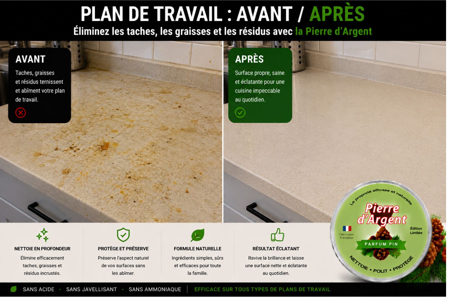 Avant après nettoyage d’un comptoir de cuisine avec la Pierre d’Argent