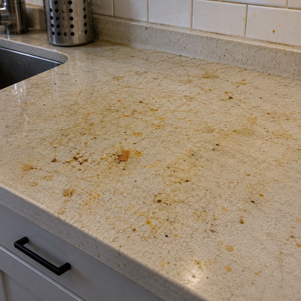Comptoir de cuisine taché avec résidus graisseux et traces de nourriture séchées