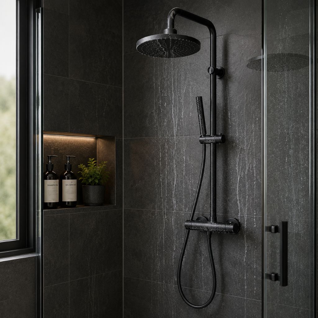 Douche noire moderne avec traces d’eau et dépôt de calcaire
