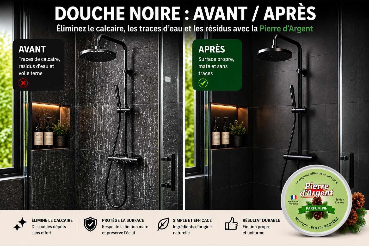 Avant après nettoyage d’une douche noire avec la Pierre d’Argent