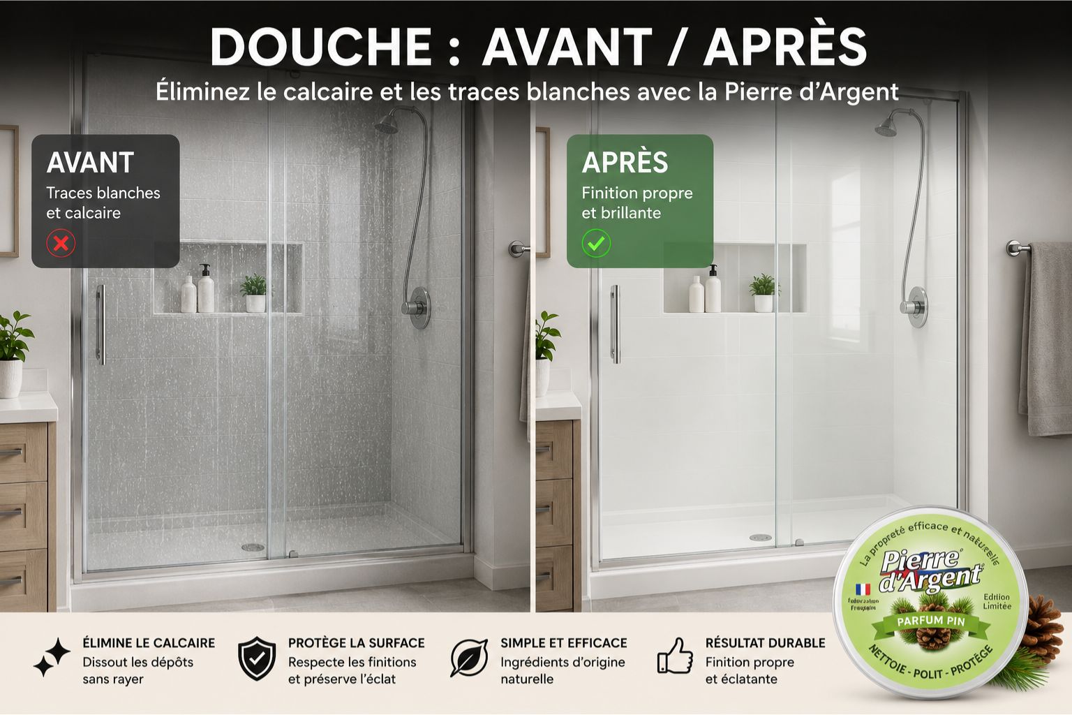 Avant après nettoyage d’une porte de douche avec traces de calcaire