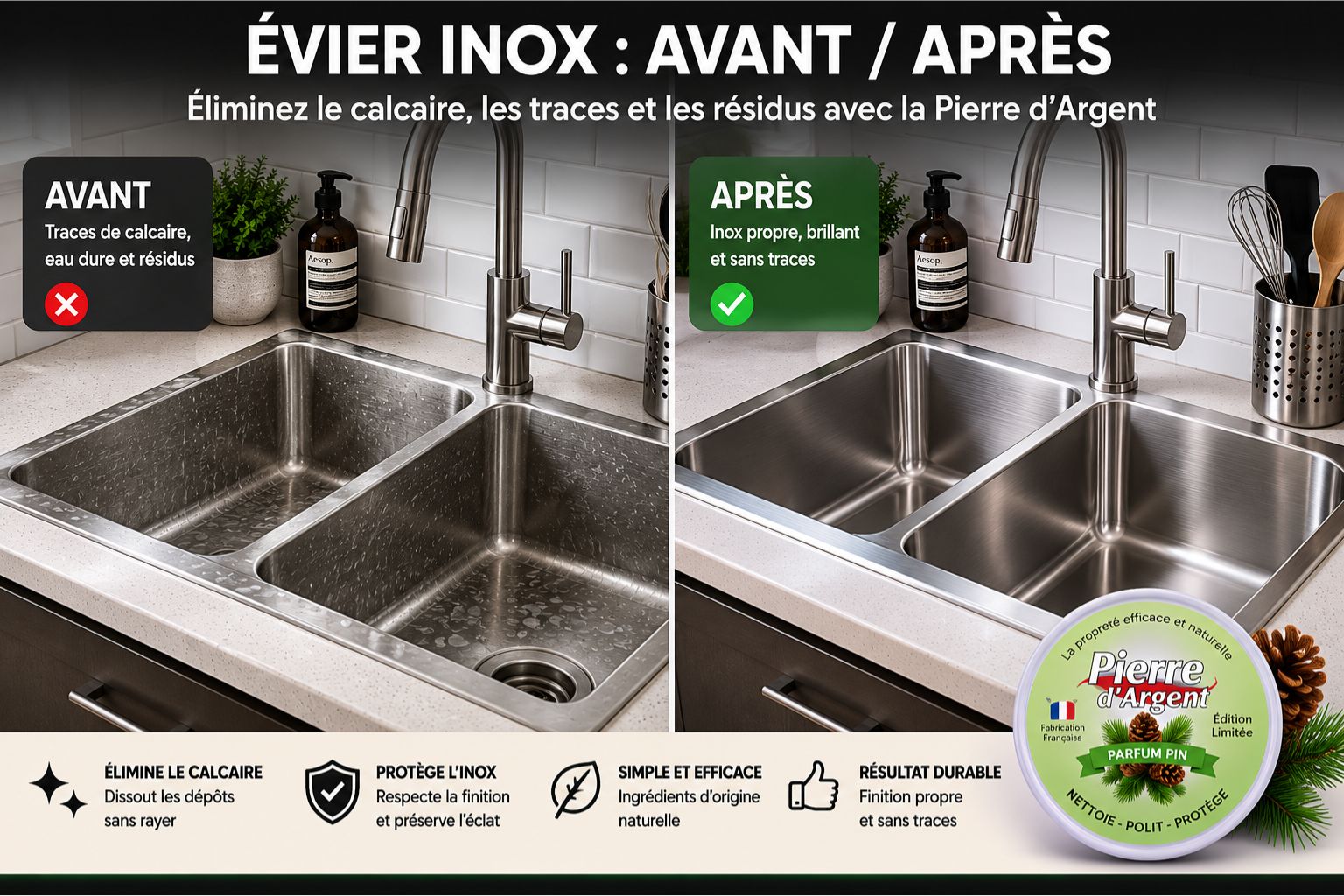 Avant après nettoyage d’un évier en inox avec la Pierre d’Argent