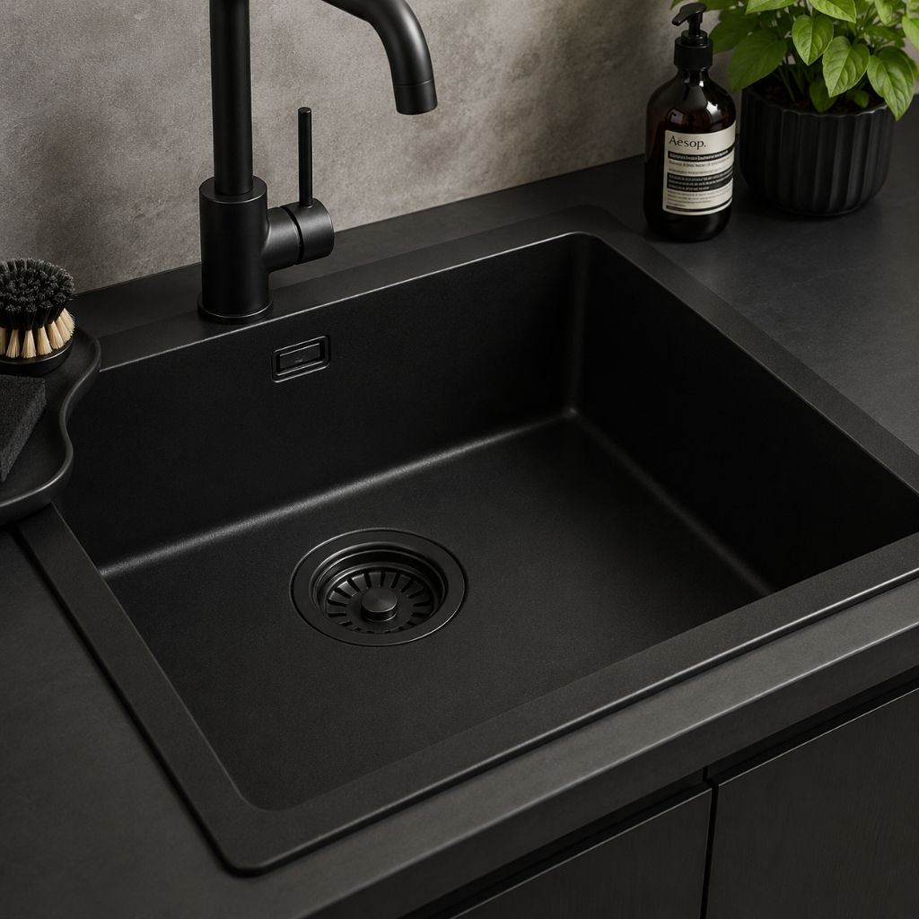 Évier noir moderne propre dans une cuisine contemporaine