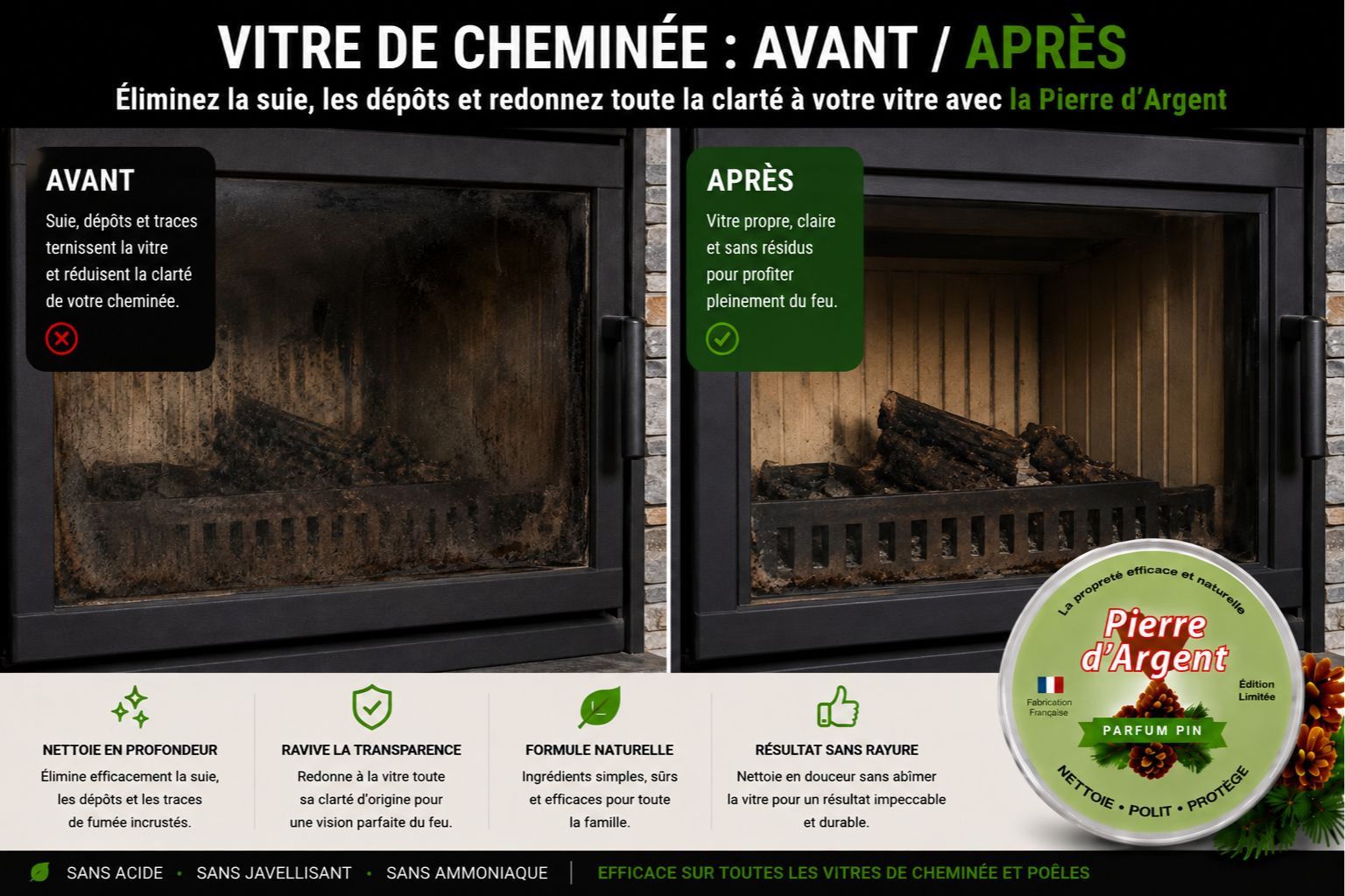 Avant après nettoyage d’une vitre de foyer noircie avec la Pierre d’Argent
