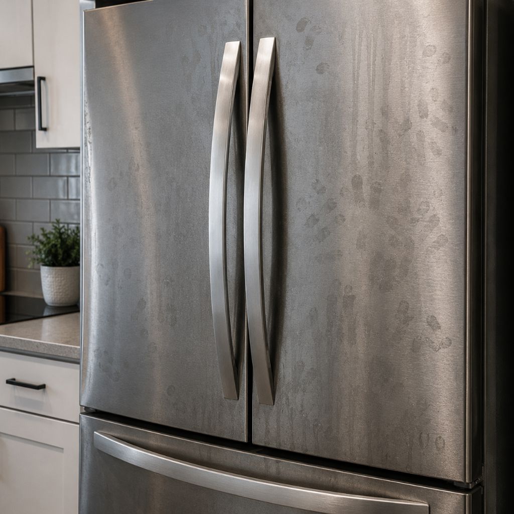 Réfrigérateur en inox avec traces de doigts et marques graisseuses