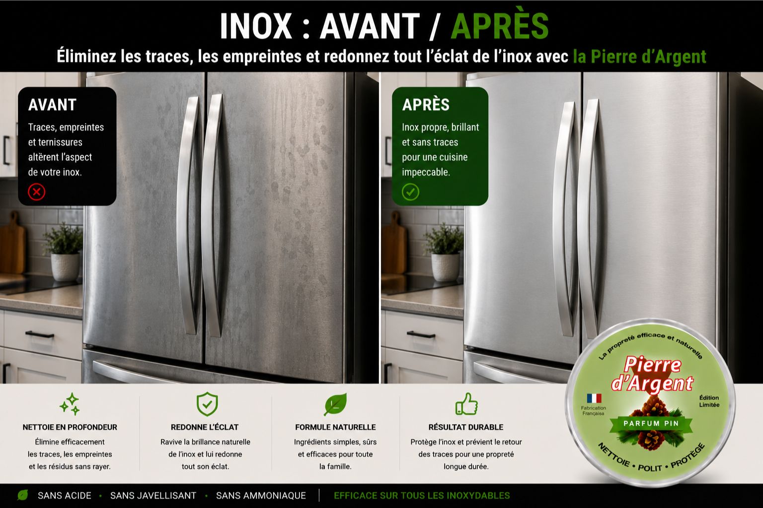 Avant après nettoyage d’un frigo en inox avec la Pierre d’Argent