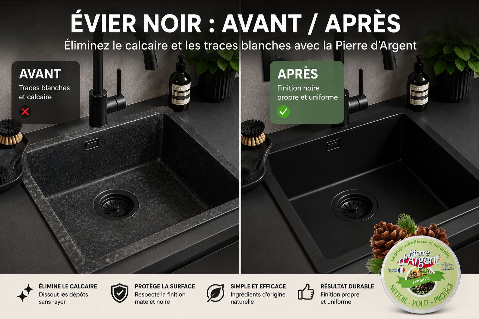 Avant après nettoyage d’un évier noir avec traces de calcaire