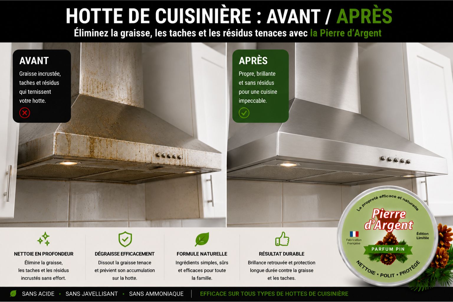 Avant après nettoyage d’une hotte de cuisine graisseuse avec la Pierre d’Argent