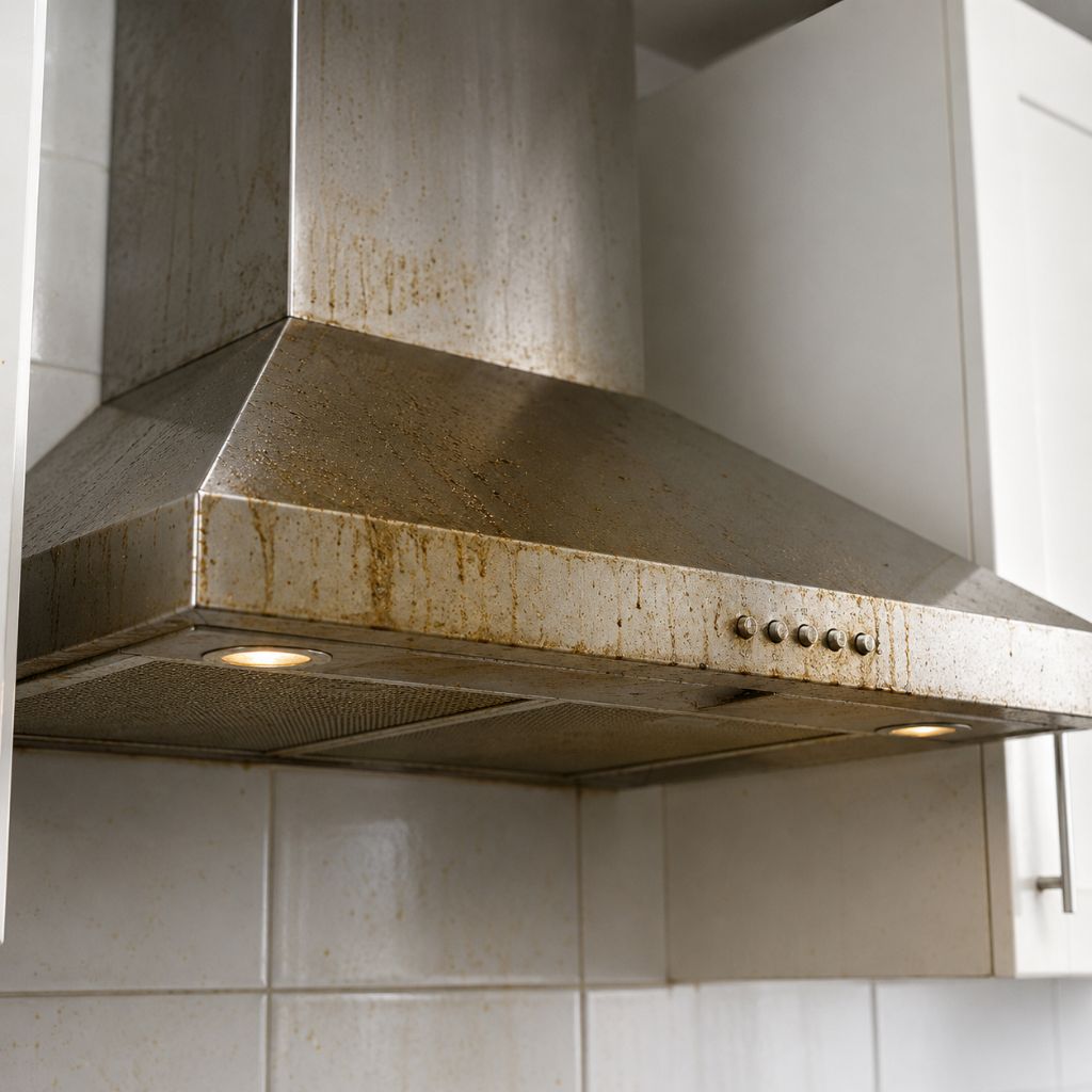 Hotte de cuisine en inox avec accumulation de graisse et traces grasses