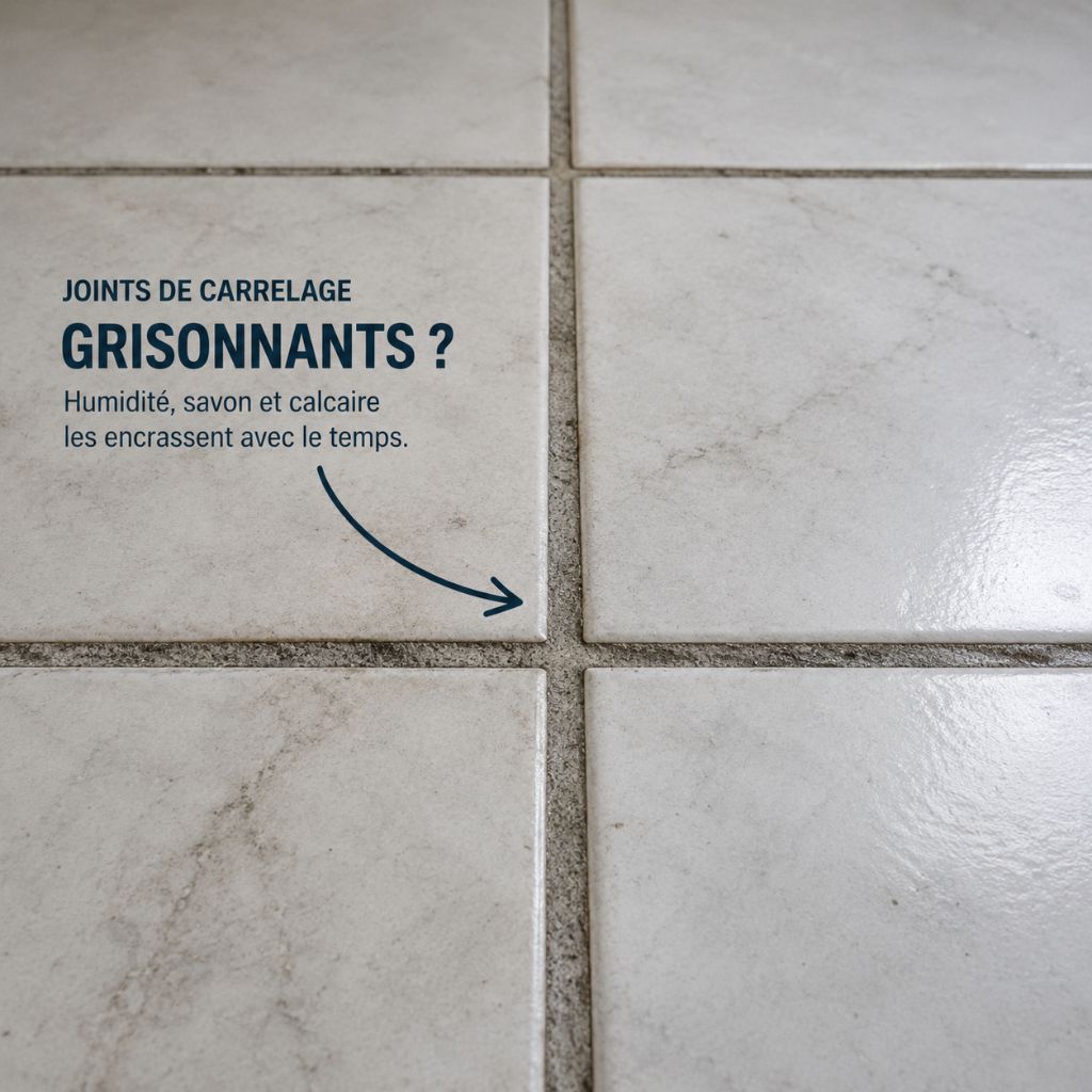 Joints de carrelage gris et encrassés dans une salle de bain avec traces d’humidité et de calcaire
