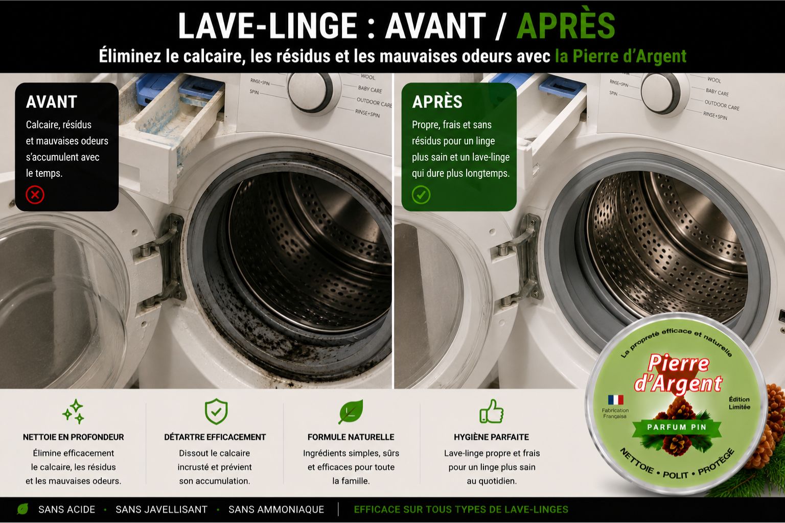 Avant après nettoyage d’une laveuse avec la Pierre d’Argent