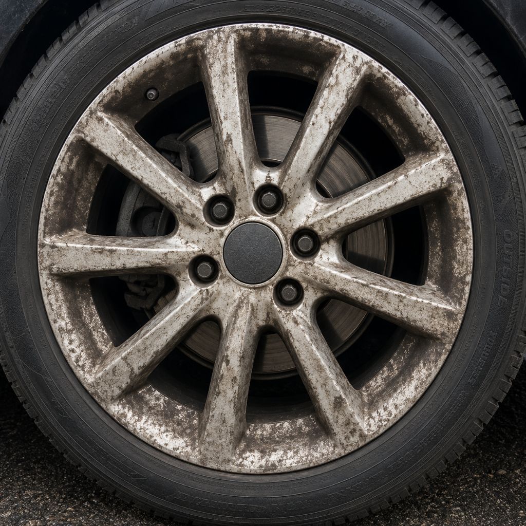 Mag de voiture très sale avec accumulation de poussière de frein et saleté incrustée