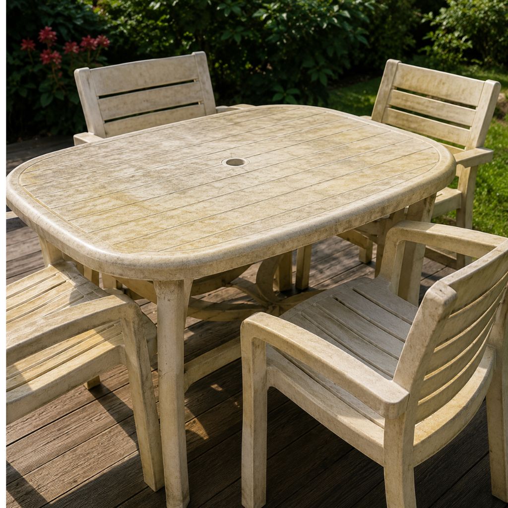 Meuble de jardin en plastique jauni par le soleil sur une terrasse extérieure