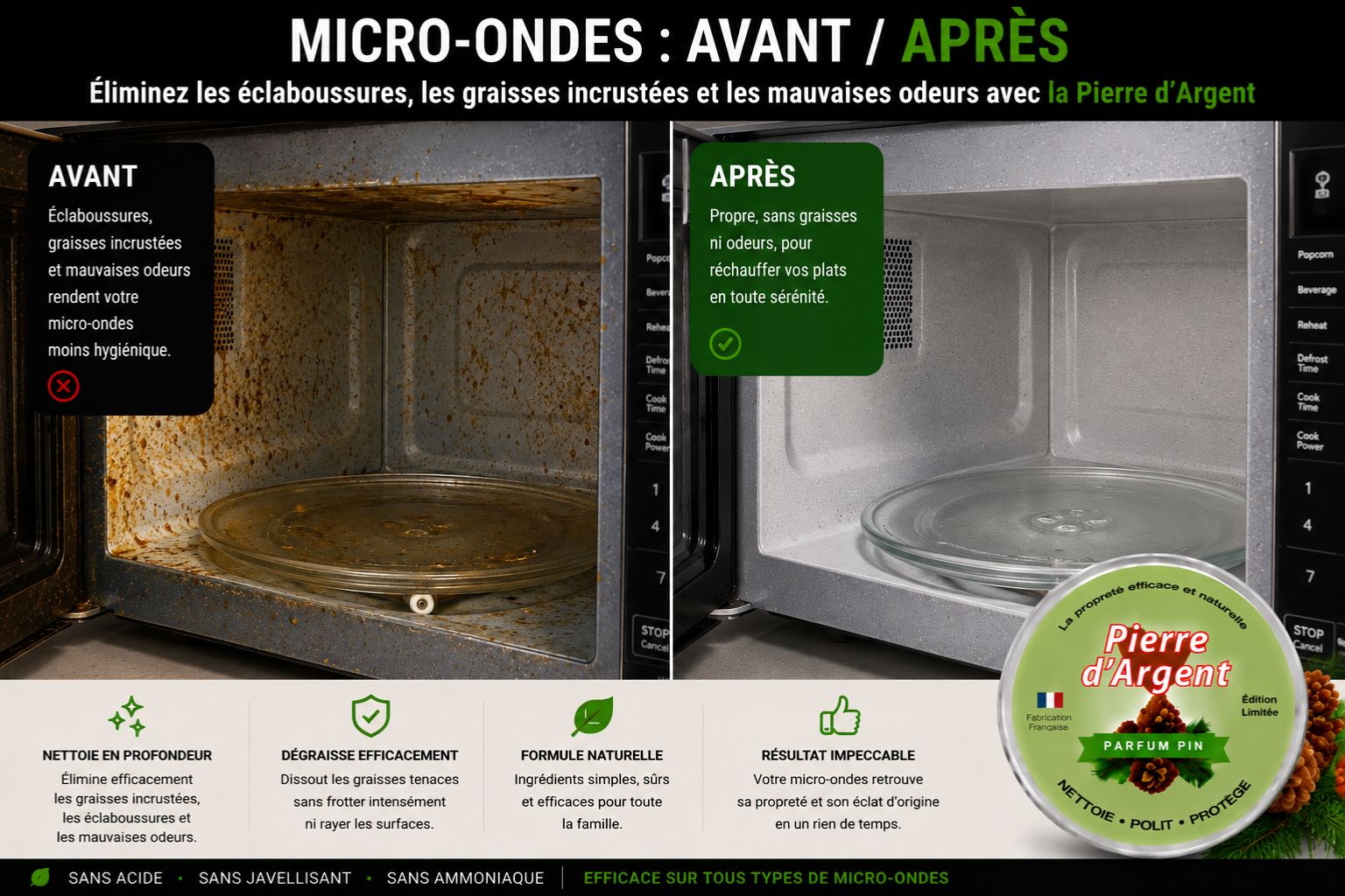 Avant après nettoyage d’un micro-ondes graisseux avec la Pierre d’Argent
