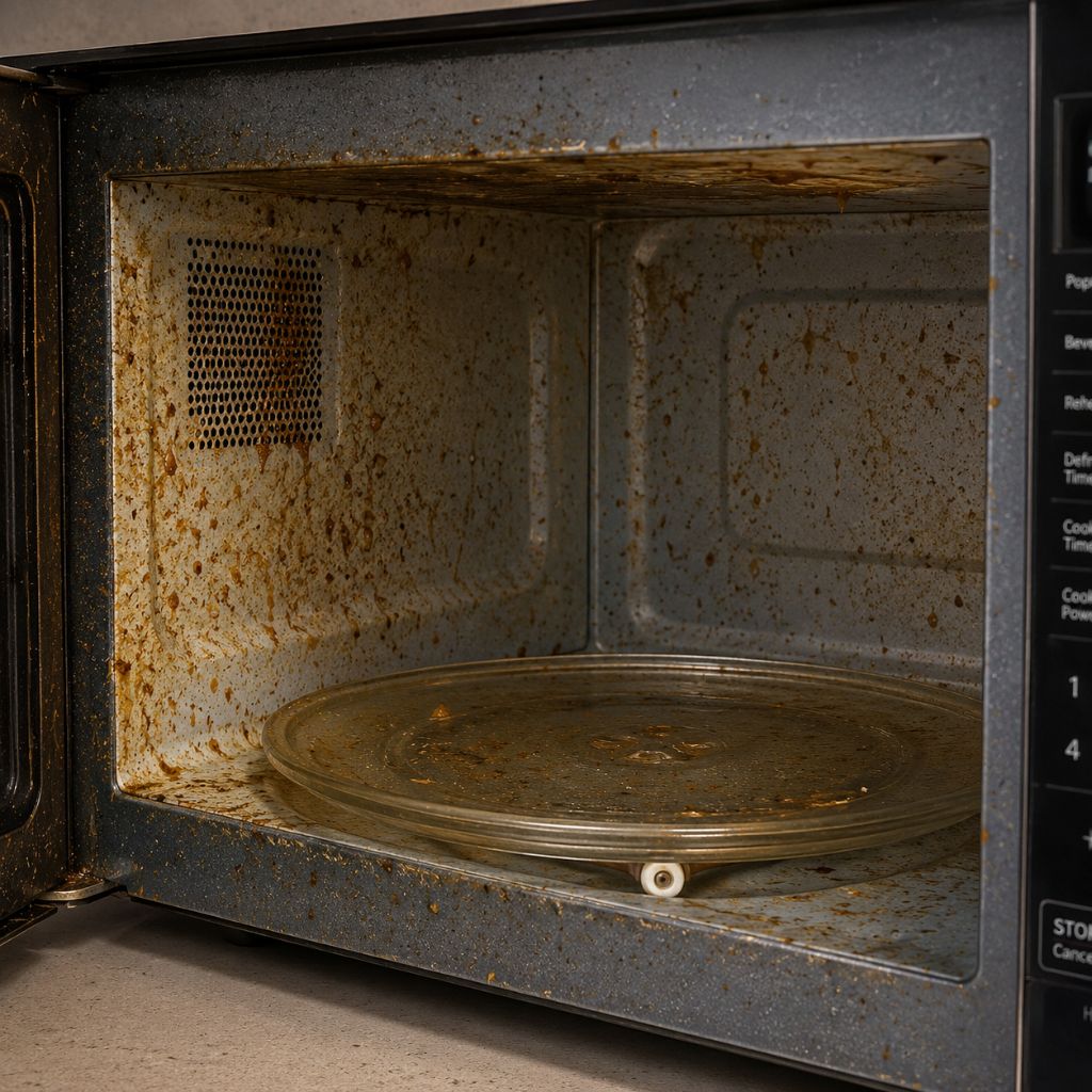 Micro-ondes avec graisse séchée et éclaboussures incrustées à l’intérieur