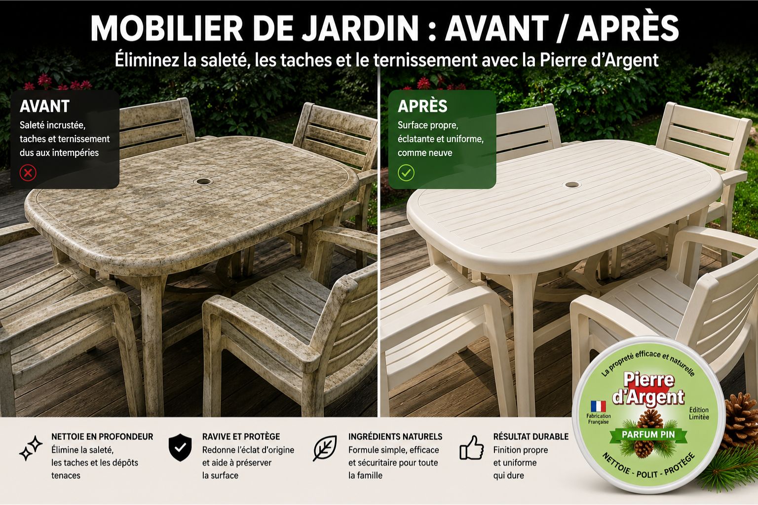Avant après nettoyage d’un ensemble patio avec la Pierre d’Argent
