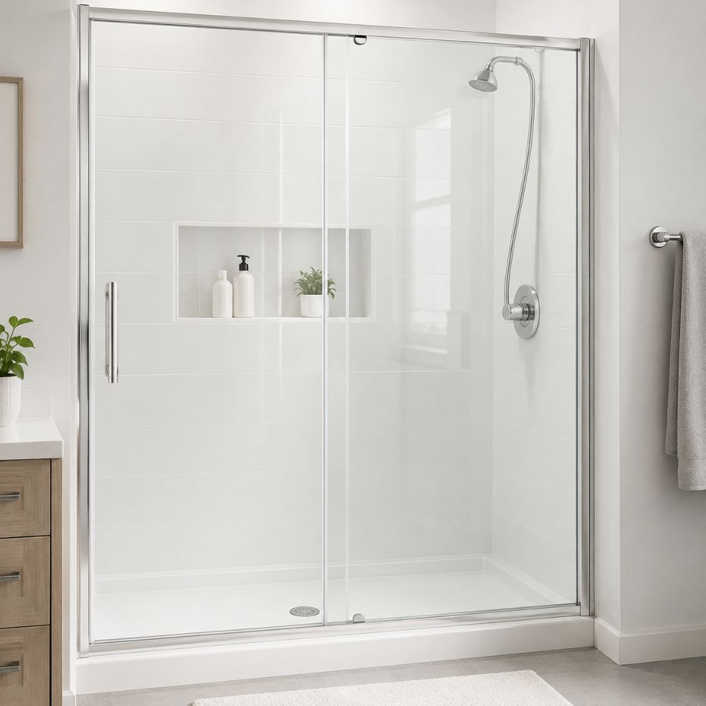 Porte de douche vitrée blanche moderne dans une salle de bain lumineuse