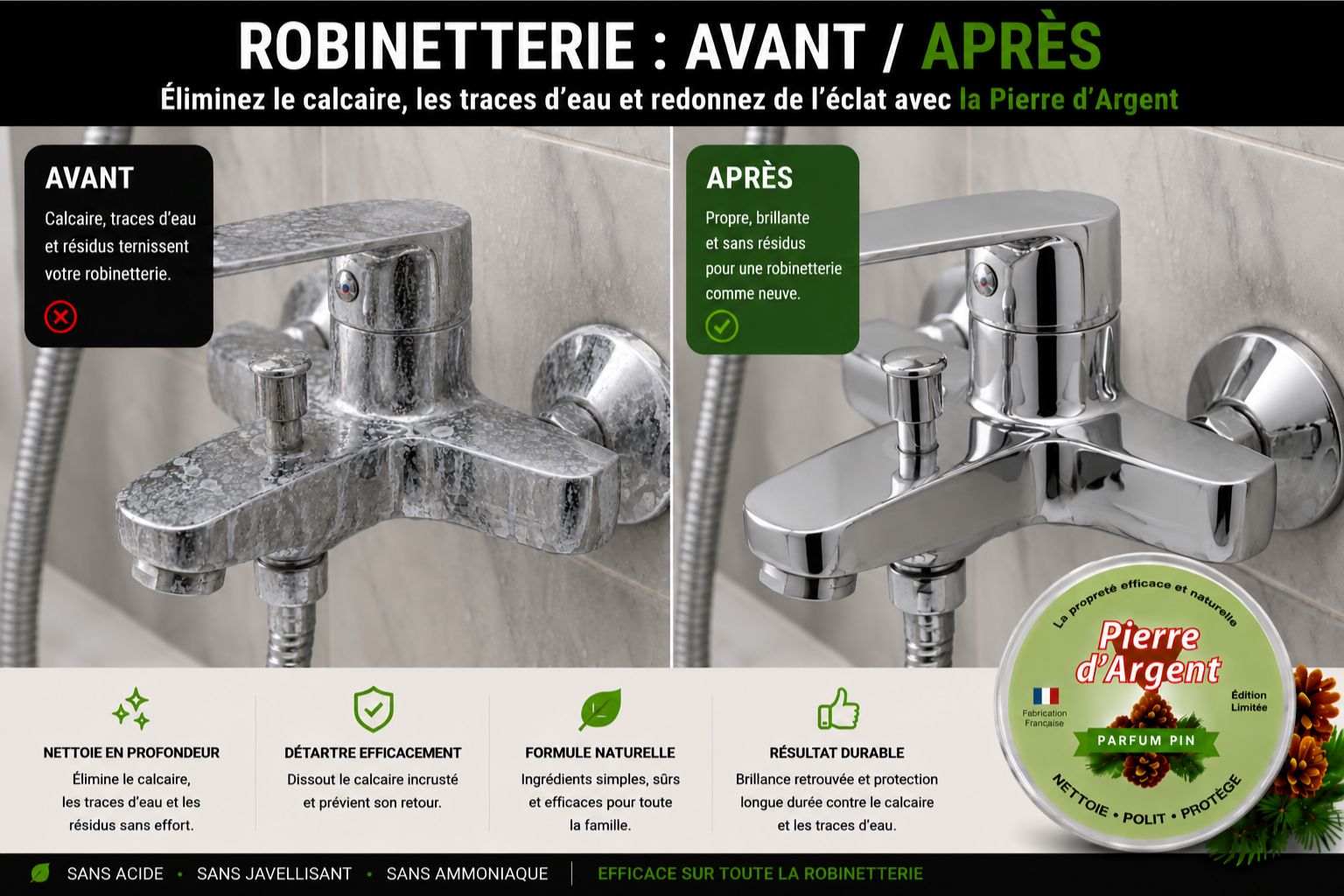 Avant après nettoyage d’un robinet en chrome taché par le calcaire