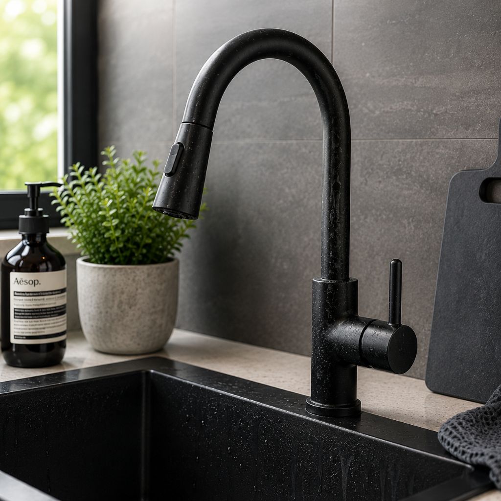 Robinet noir moderne avec traces d’eau dans une cuisine contemporaine