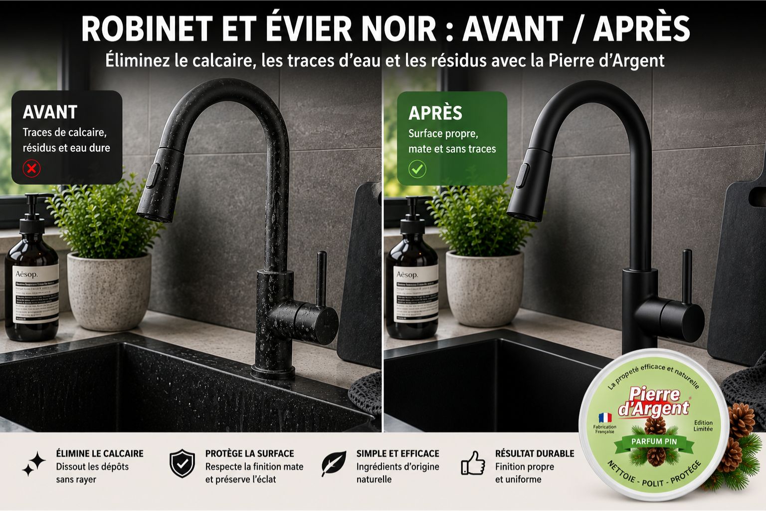 Avant après nettoyage d’un robinet noir avec la Pierre d’Argent