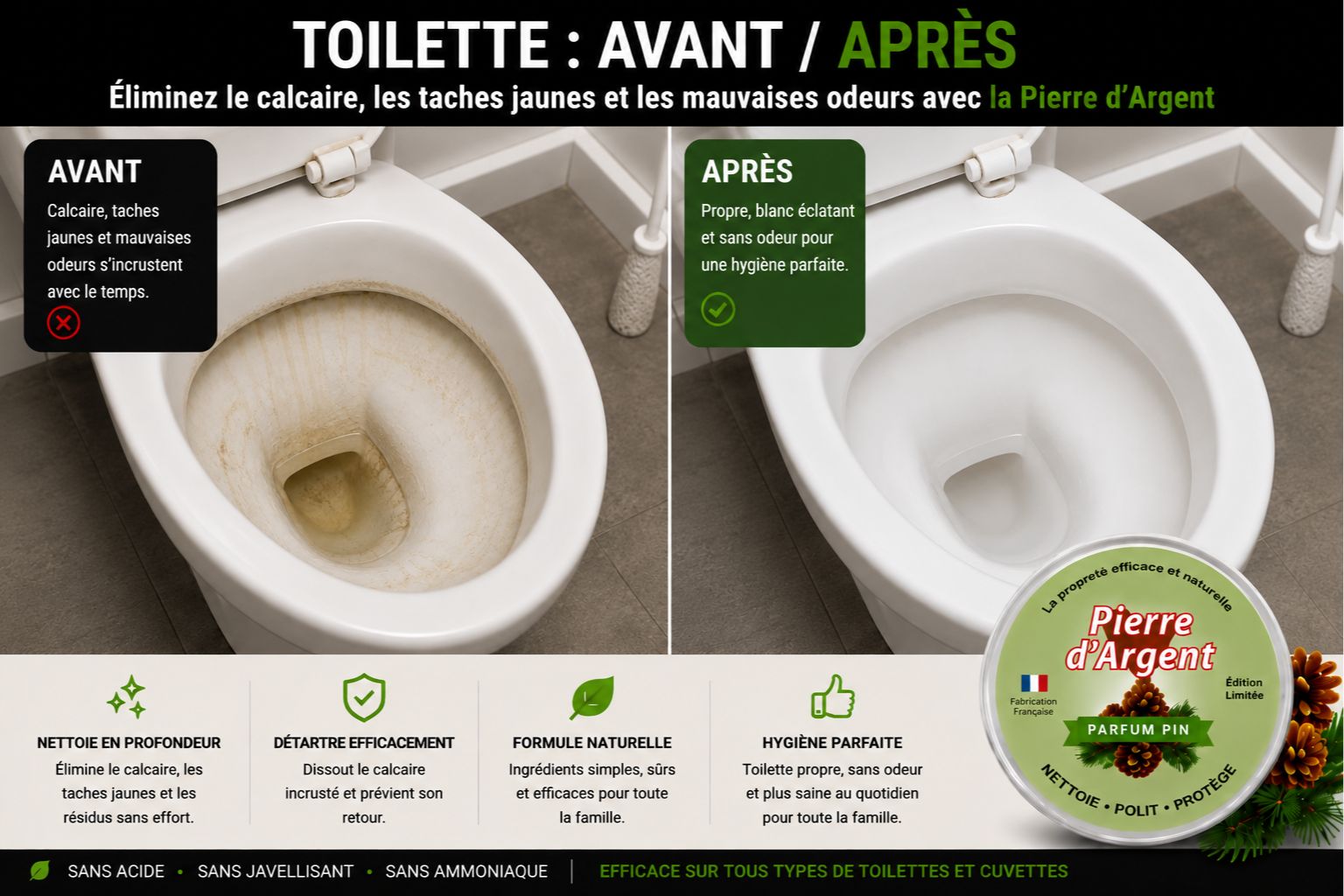 Avant après nettoyage d’une toilette tachée par le calcaire avec la Pierre d’Argent