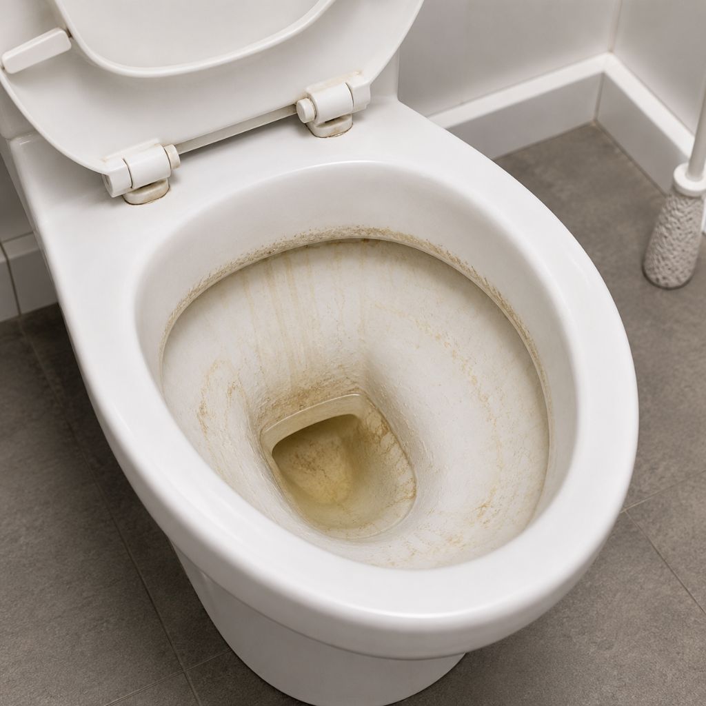 Toilette blanche avec dépôt de calcaire et traces jaunes dans la cuvette