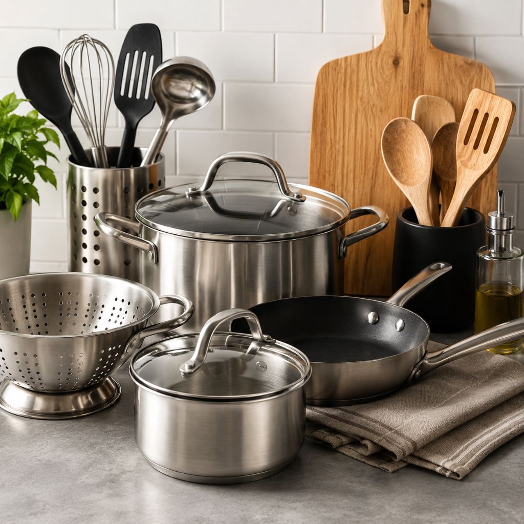 Casseroles et ustensiles de cuisine en inox sur un comptoir de cuisine moderne