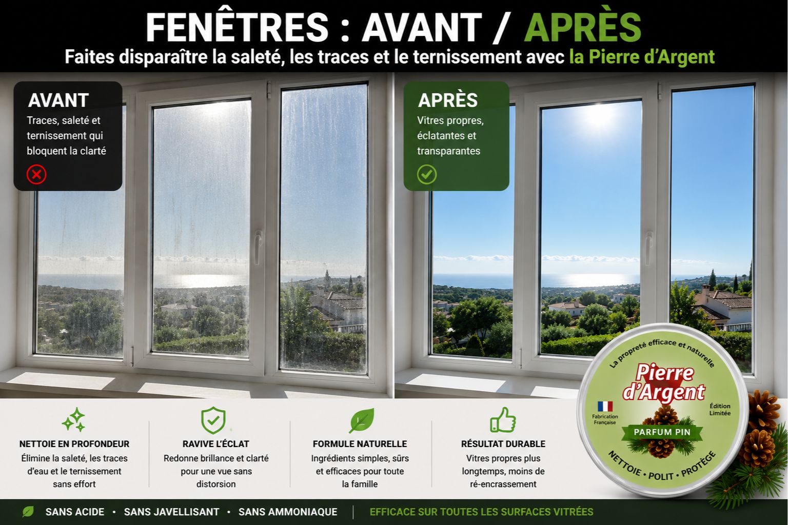 Avant après nettoyage de vitres et fenêtres avec la Pierre d’Argent