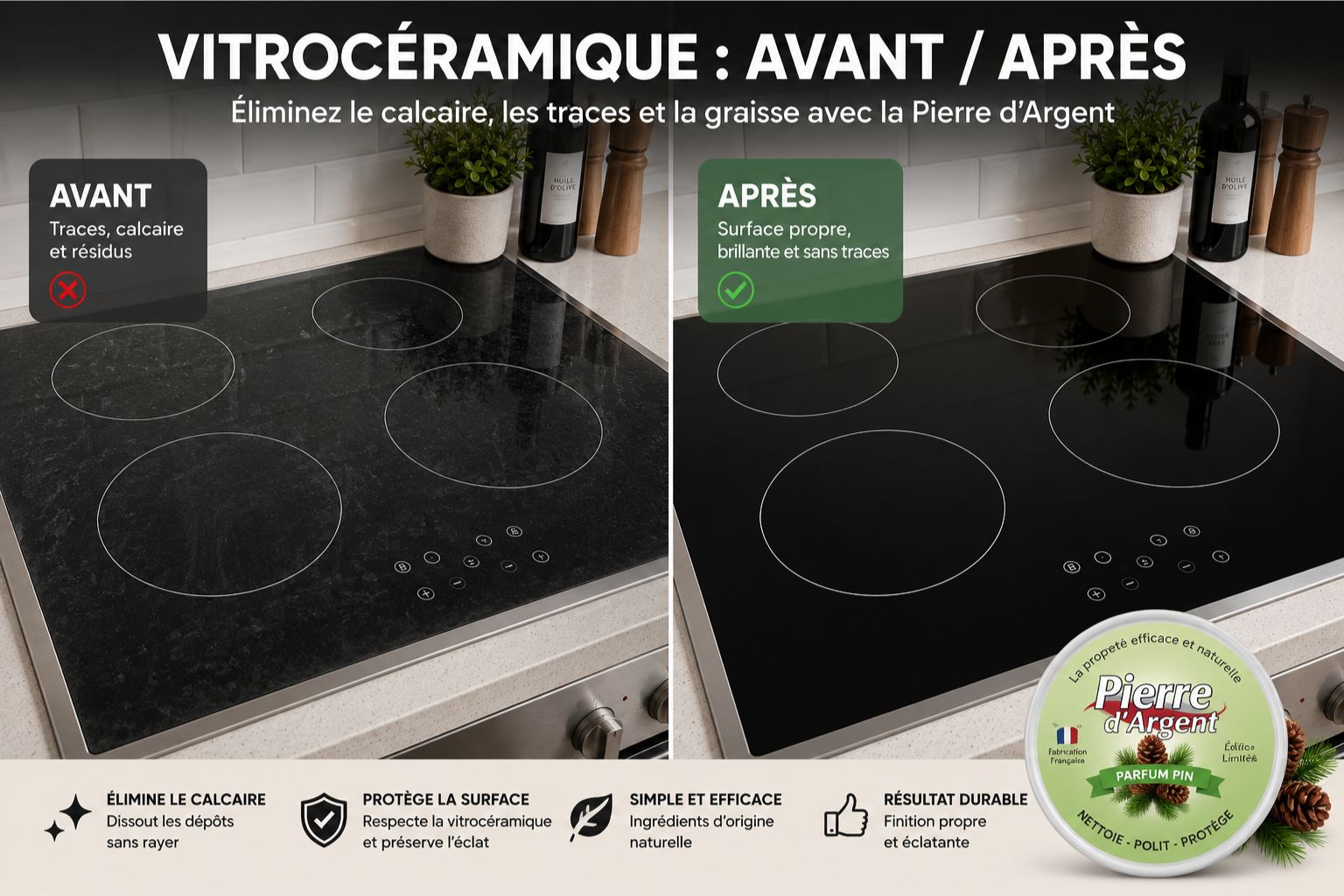 Avant après nettoyage d’une plaque vitrocéramique avec la Pierre d’Argent