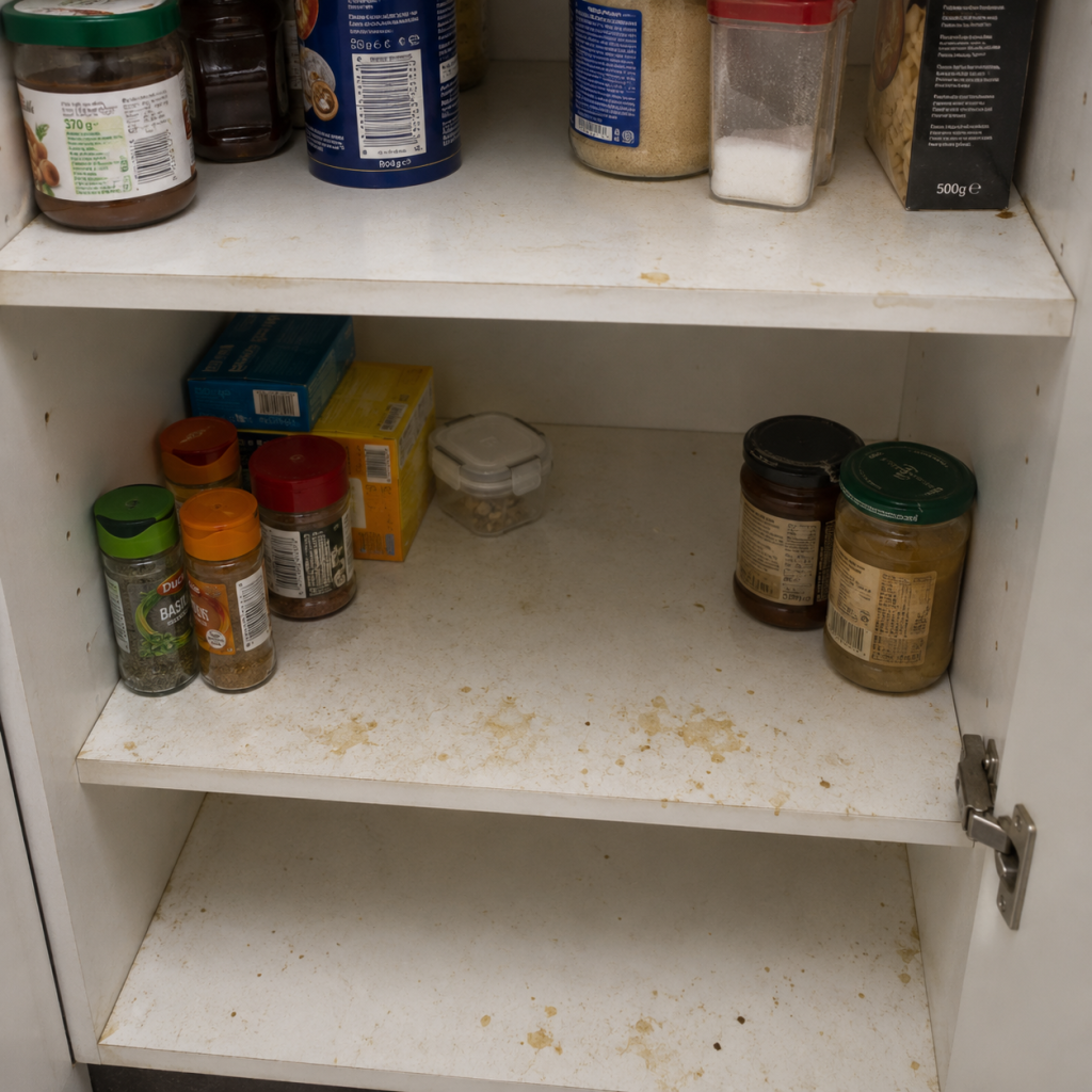 Armoire de cuisine graisseuse avec dépôts de graisse avant nettoyage