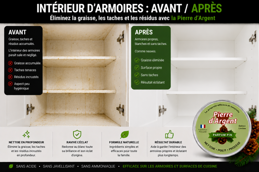 Armoires de cuisine blanches graisseuses avant nettoyage et propres après nettoyage