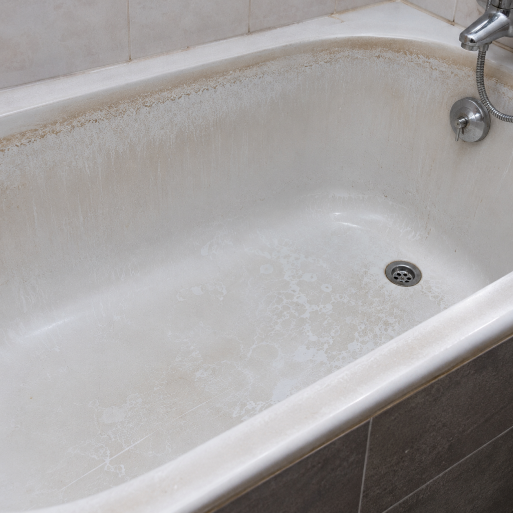 Baignoire tachée par le calcaire et les dépôts de savon avant nettoyage