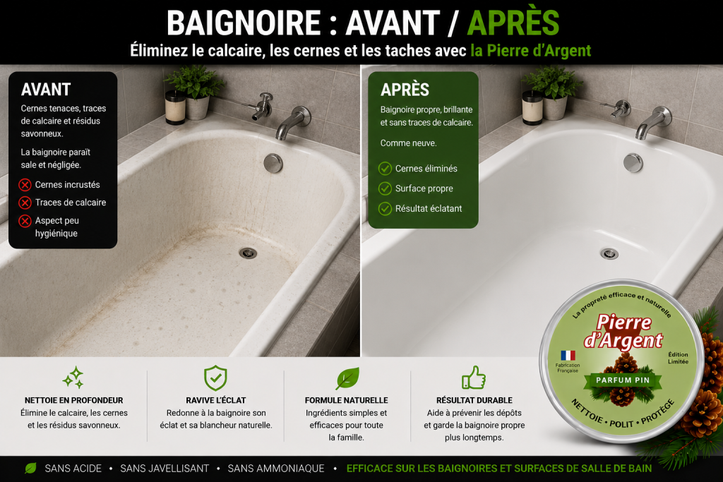 Baignoire tachée avant nettoyage et propre après nettoyage