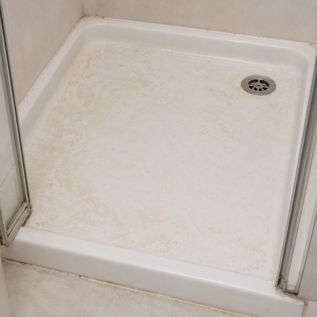 Base de douche en acrylique avec dépôts de calcaire avant nettoyage