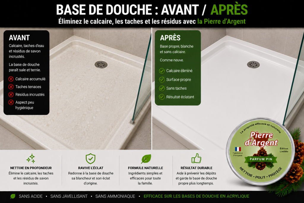 Base de douche en acrylique tachée avant nettoyage et propre après nettoyage