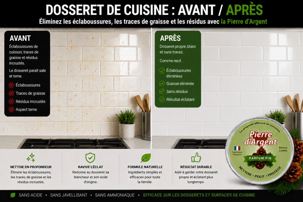 Dosseret de cuisine graisseux avant nettoyage et propre après nettoyage