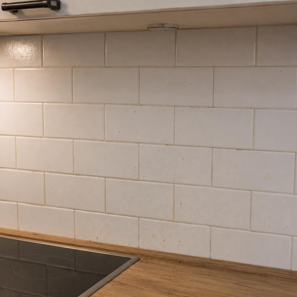 Dosseret de cuisine graisseux avec éclaboussures de cuisson avant nettoyage