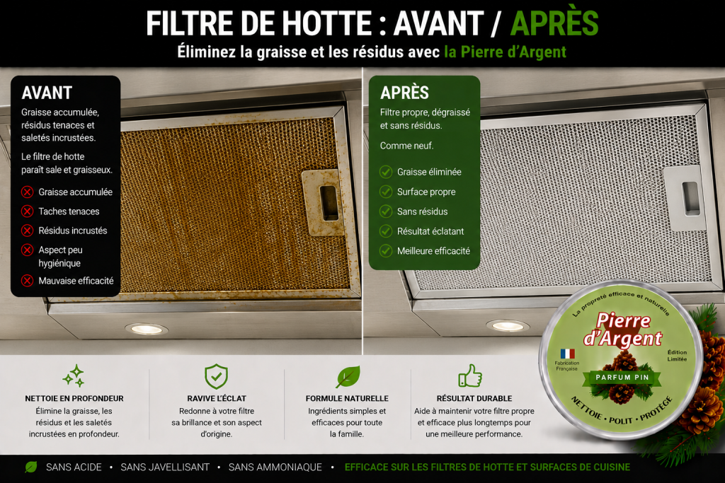 Filtre de hotte graisseux avant nettoyage et propre après nettoyage