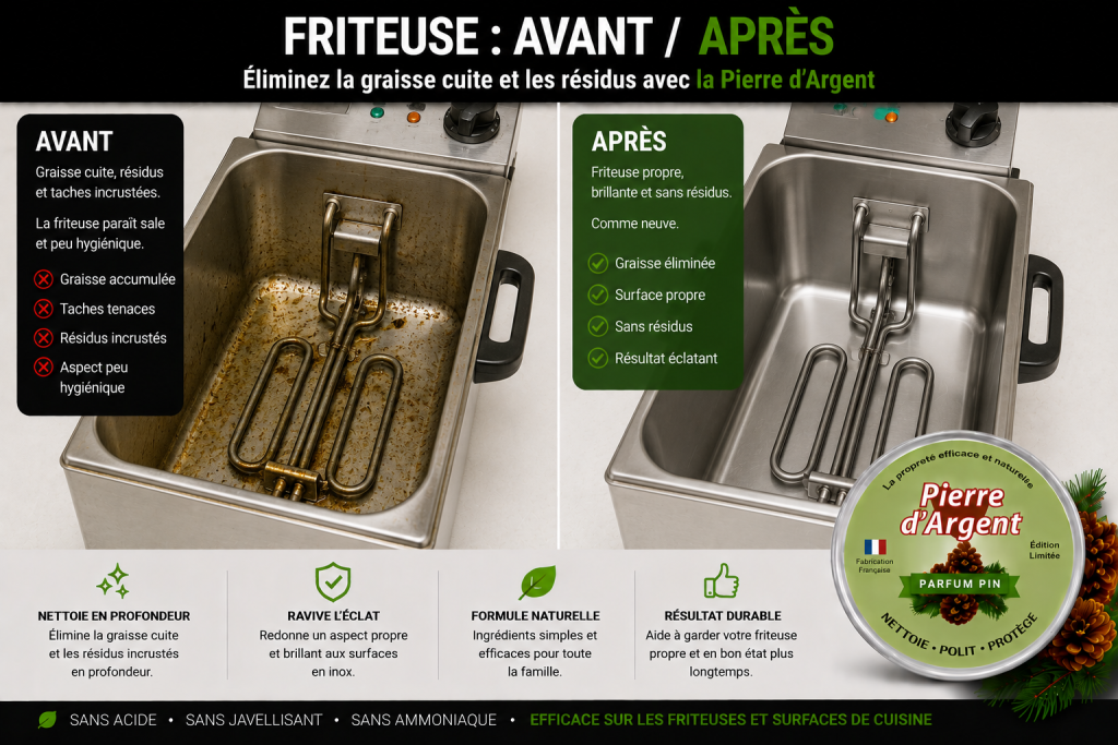 Friteuse traditionnelle graisseuse avant nettoyage et propre après nettoyage