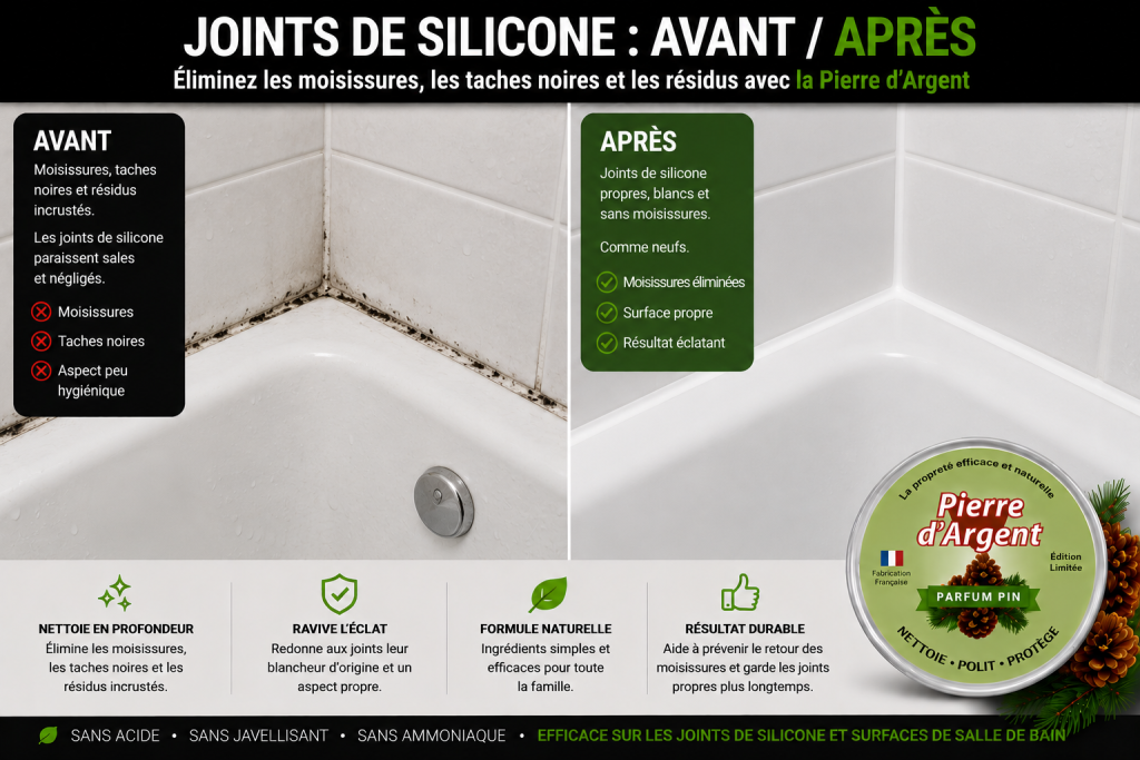 Joints de silicone noircis avant nettoyage et propres après nettoyage
